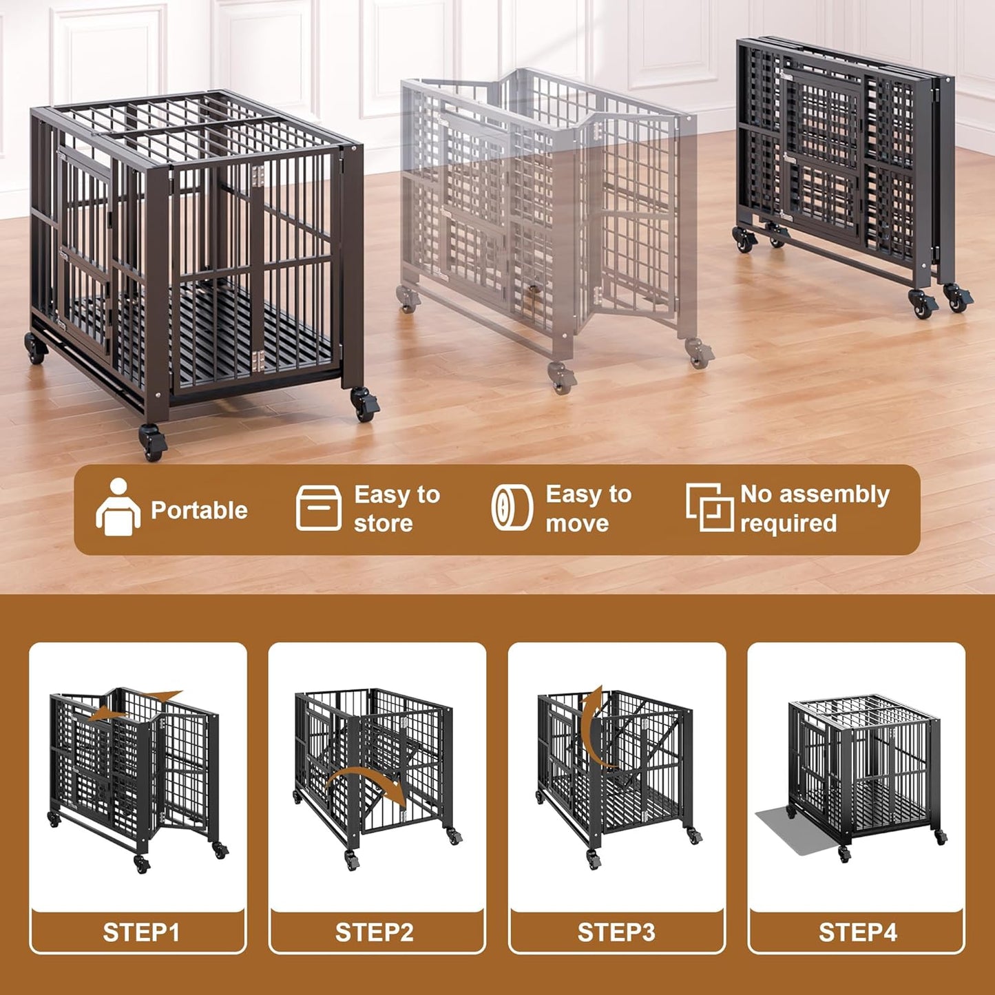 Polar Aurora Heavy Duty Dog Crate, Foldable Indestructible Dog Kennel, Escape Proof Extra Large Dog Cage with Lockable Wheels, High Anxiety Pet Playpen with Double Door for Indoor/Outdoor Use. (38in)