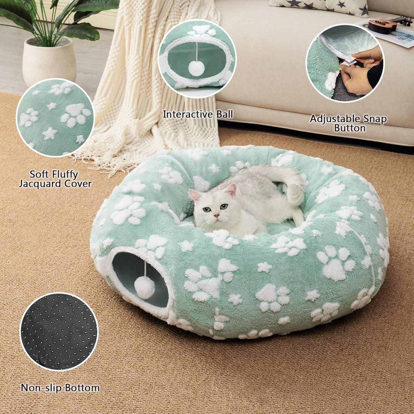 Cat Tunnel for Indoor Cats, Cute Peekaboo Cave with Dangling Balls, Pet Donut Tunnel Bed with Circle Mat for Puppy Kitten Rabbit, Green