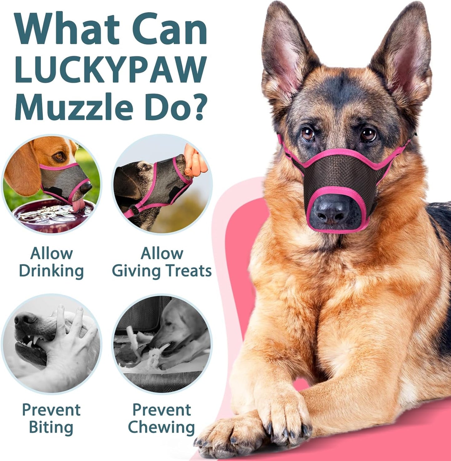LUCKYPAW Dog Muzzle, Mesh Dog Muzzle for Large Medium Small Dogs, Soft Mouth Guard for Biting Chewing, Breathable Mouth Cover with Adjustable Strap for Training (Hot Pink, M(Snout:8.75"-9.5"))