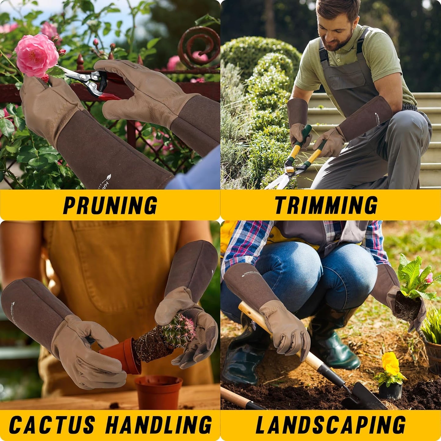 HANDLANDY Long Gardening Gloves for Men & Women, Cowhide Leather Rose Pruning Gloves- Breathable & Durable Gauntlet Glove (Large, Brown)