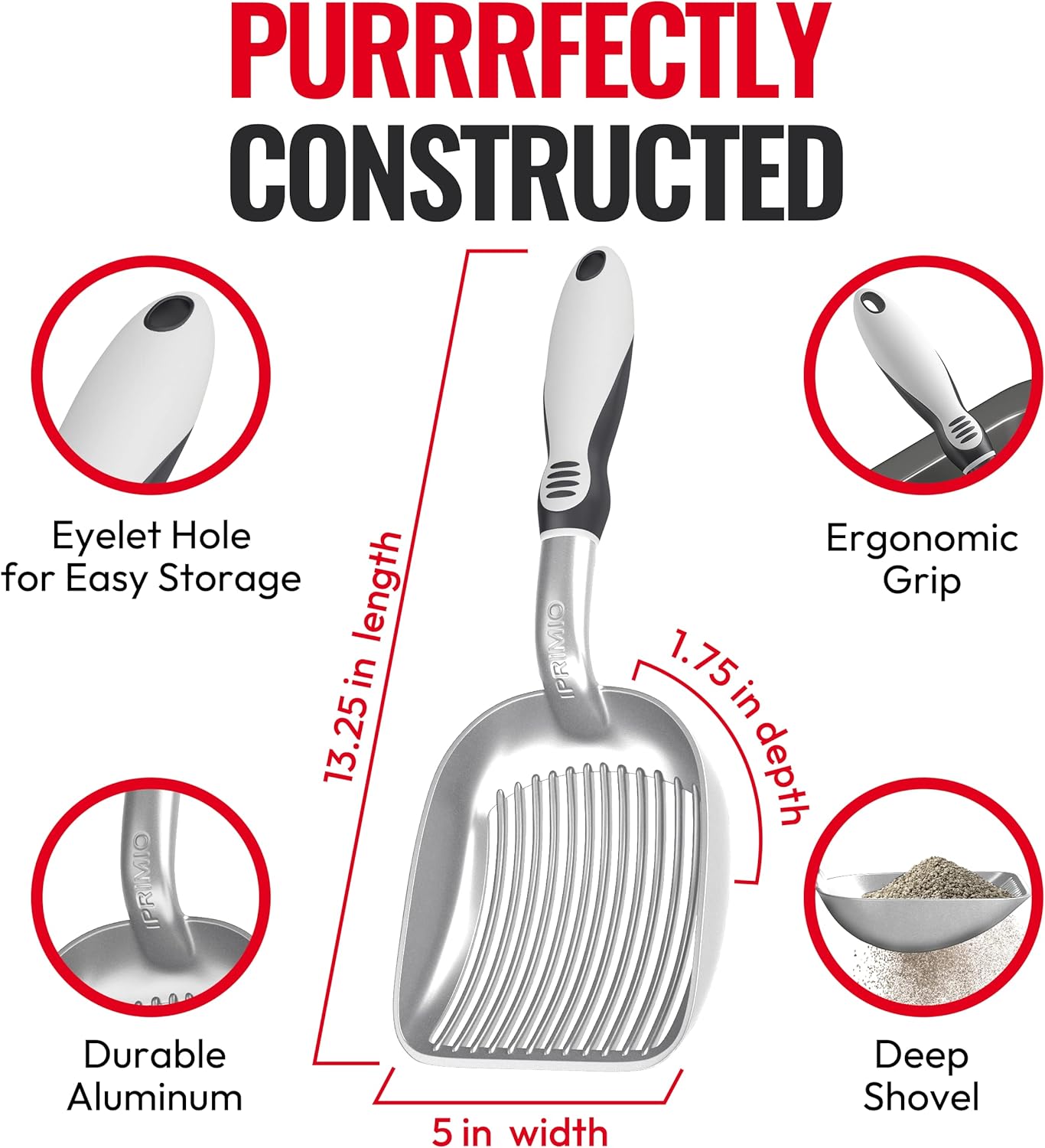 iPrimio Cat Litter Scooper Deep Shovel with Holder - (Silver XL) - Non-Stick Pooper Scooper Shovel Kitty Litter Sifter - Patented Solid Aluminum Poop Scoopers with Long Handle, Easy Grip, Pet Supplies