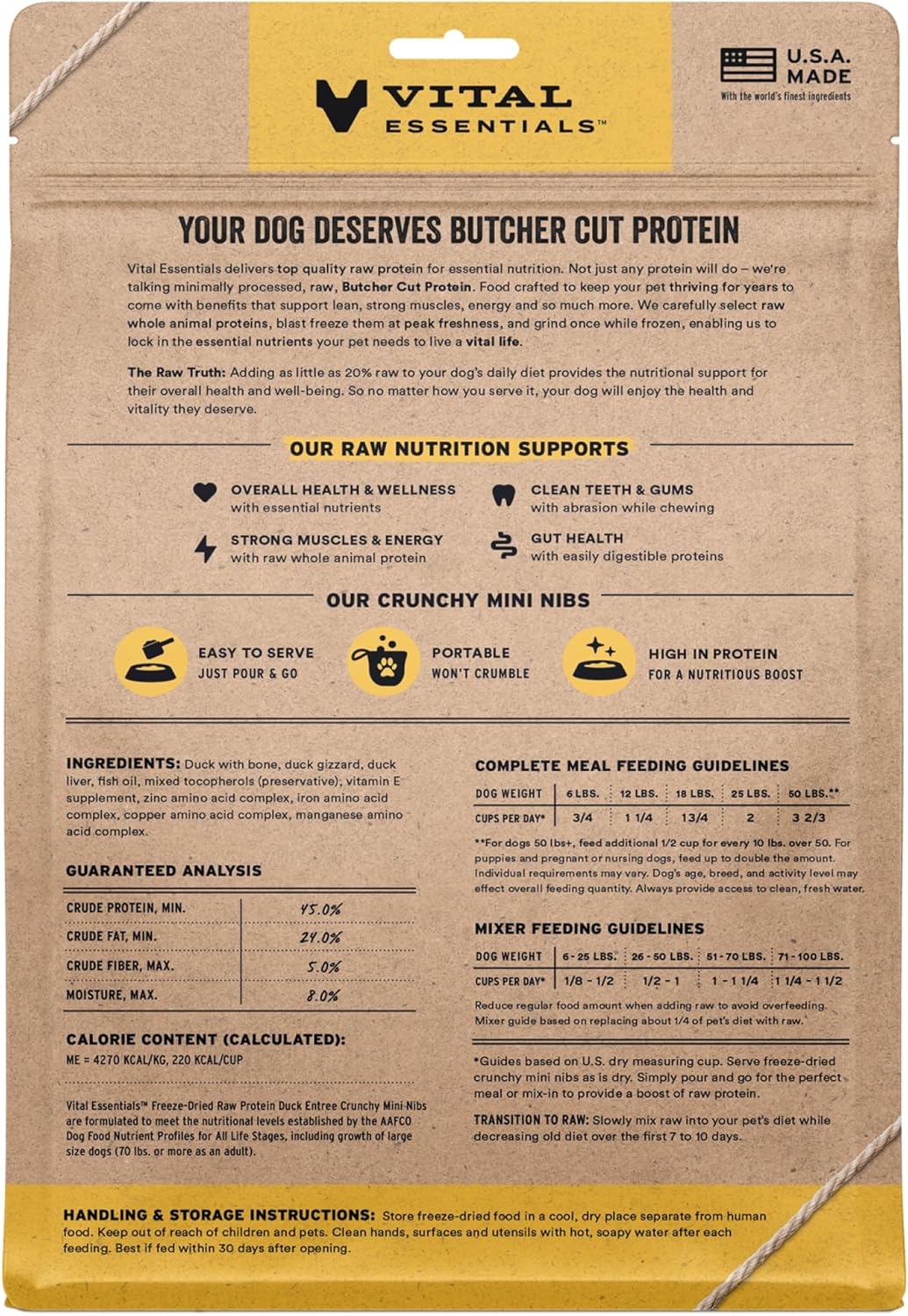 Vital Essentials Freeze-Dried Raw Duck Meal or Mixer Dog Food Crunchy Mini Nibs, 14 oz