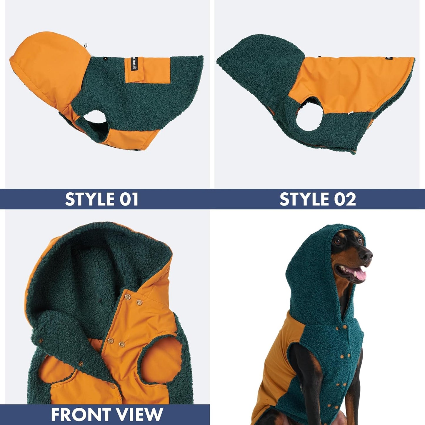 Spark Paws Reversible Dog Sweater, Sherpa Jacket Vest with Warm Fleece Lining, Warm Coat for Winter, Suitable for Small Medium, Large, XL XXL Dogs - Orange and Green - 2XL