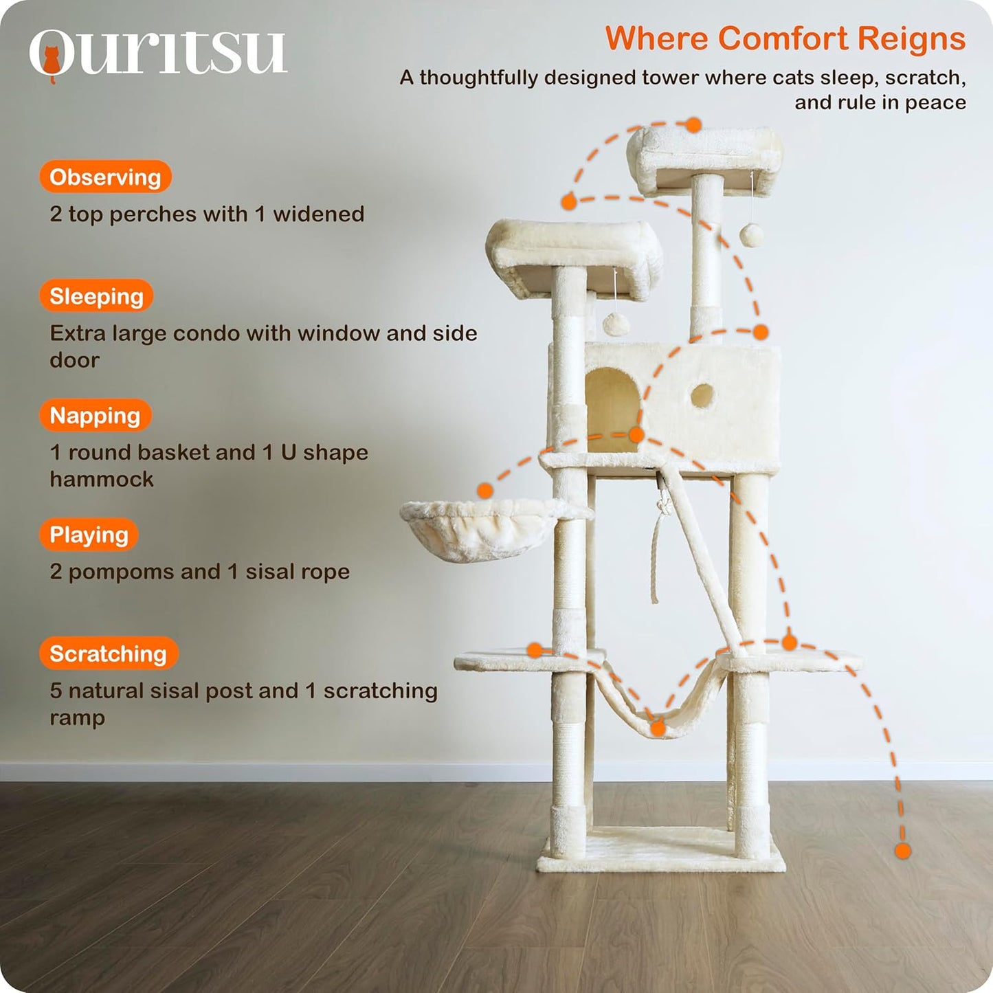 Ouritsu Cat Tree, 61 inch Tall Cat Tower for Large Cat Indoor, Enlarged Condo, 2 Padded Perches with 1 Widened, Large Hammock, Scratching Post and ramp, Fluffy Basket, Beige, LF002WH