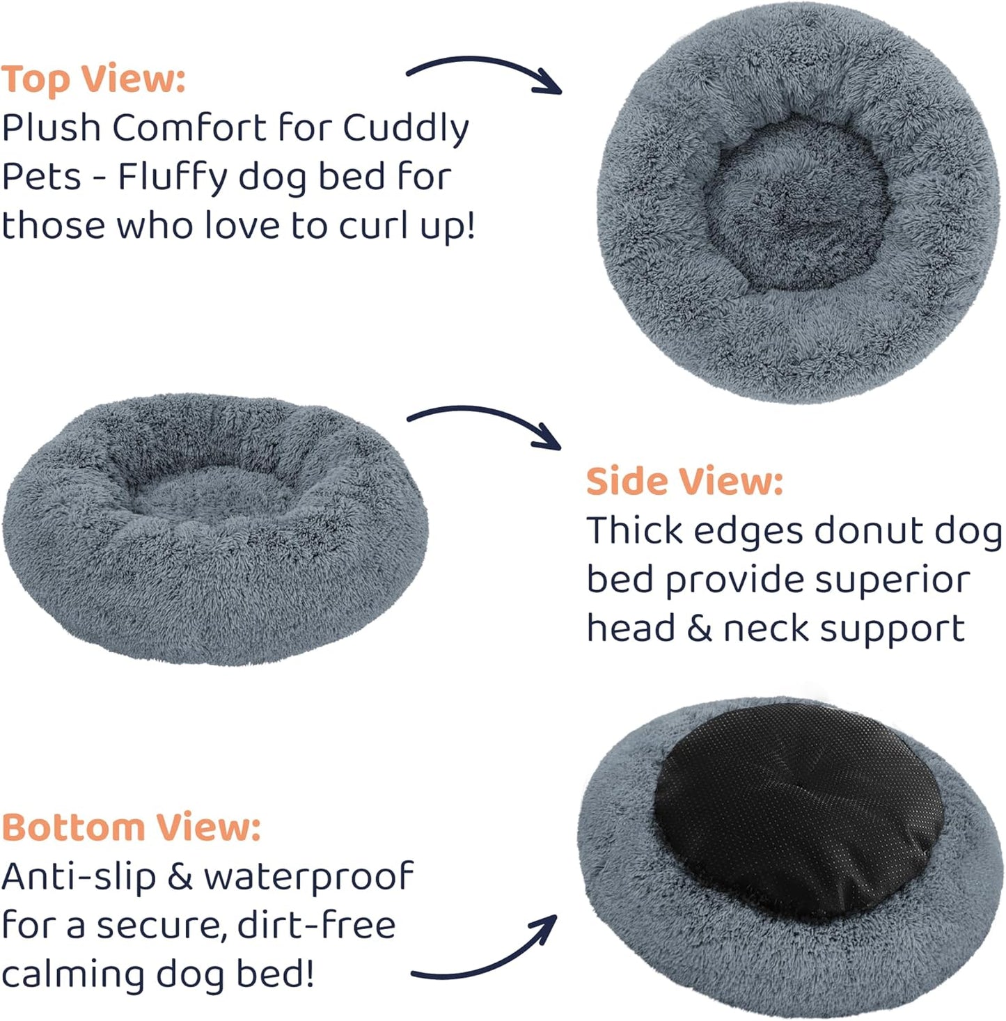 Donut Dog Bed - Premium Comfort for Anxiety Relief - Fluffy & Calming Design with Ultra-Plush Support | Cozy Round Dog Bed with Super Soft Circle Style (Size M Dark Grey)
