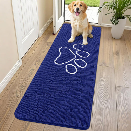 Smiry Dog Door Mat for Muddy Paws, Absorbent Dirt Trapper Non Slip Quick Dry Washable Chenille Mat for Mud Dogs, Entry Rug for Indoor and Outdoor (70x24 Inches, Navy Blue)