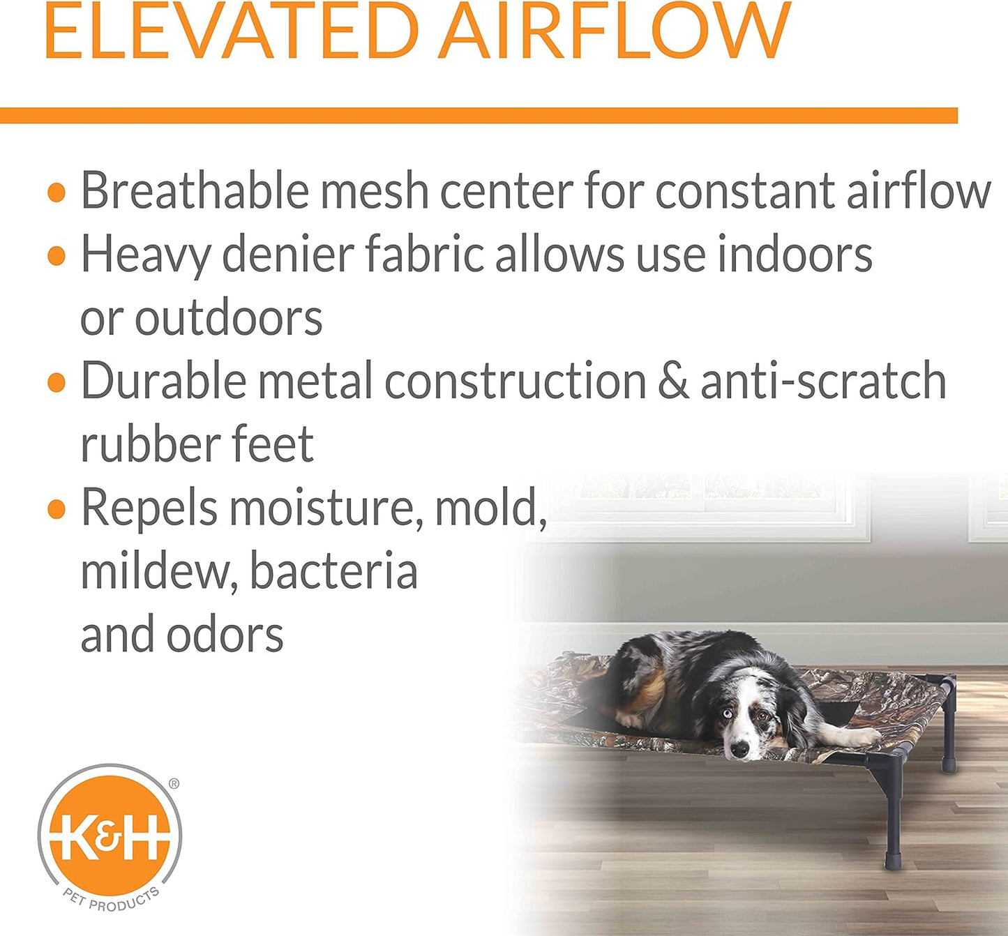 K&H Pet Products Outdoor Elevated Dog Cot, Breathable Cooling Elevated Cot Hammock Pet Bed for Medium Dogs, Washable Mesh Cover, Raised Metal Frame, Collapsible, Portable - Medium 32 X 25in Camo