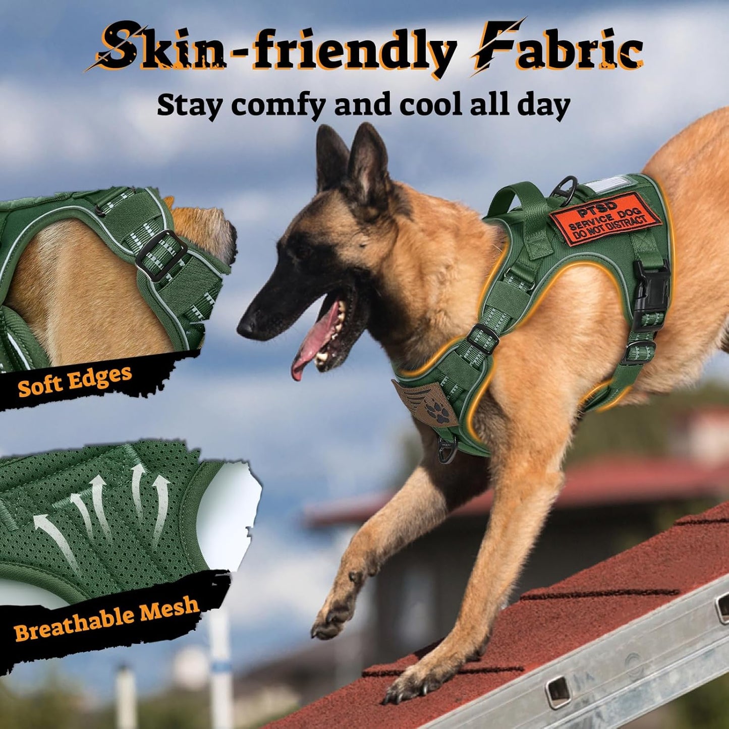 rabbitgoo Dog Harness Medium Sized No Pull, Tactical Service Pet Vest with Molle and Control Handle, Adjustable and Reflective Military Harness for Easy Walking and Training, Green, M