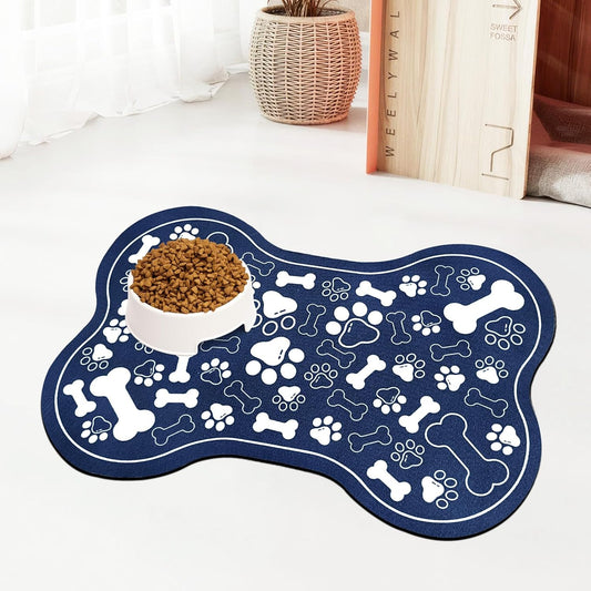 Dog & Cat Food Mat Bone Shaped Pet Feeding Mat Quick Absorb Water Bowl Placemat with Rubber Backing Indoor Floor Stain Resistant Pet Accessory Supplies (Blue, 16x24 Inches)