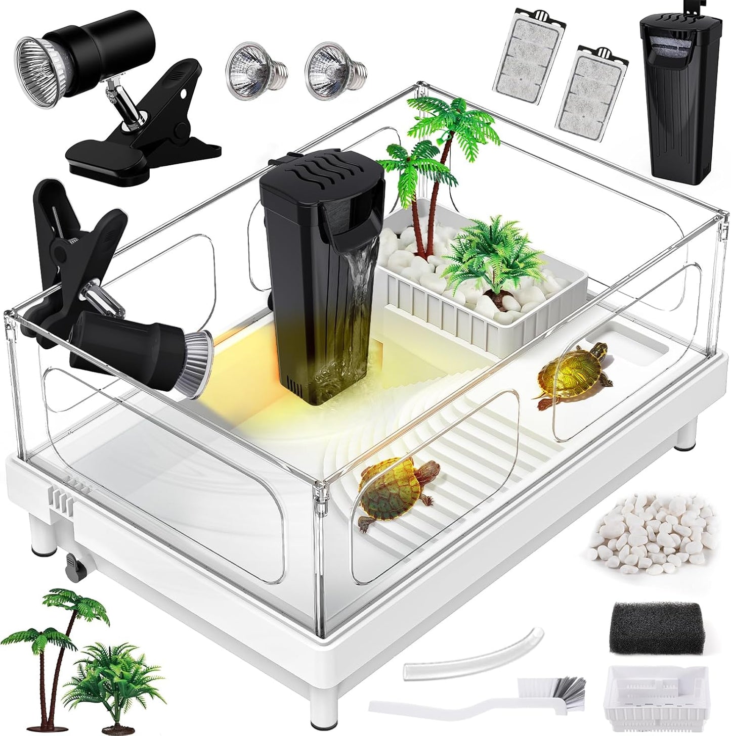 Small Turtle Tank Kit(Tank+Light+Filter), Acrylic Turtle Tank Starter Kit with Basking Platform, Bottom Drainage, Multi-Function Areas for Turtles, Crayfish, Small Reptiles.(White+Black)