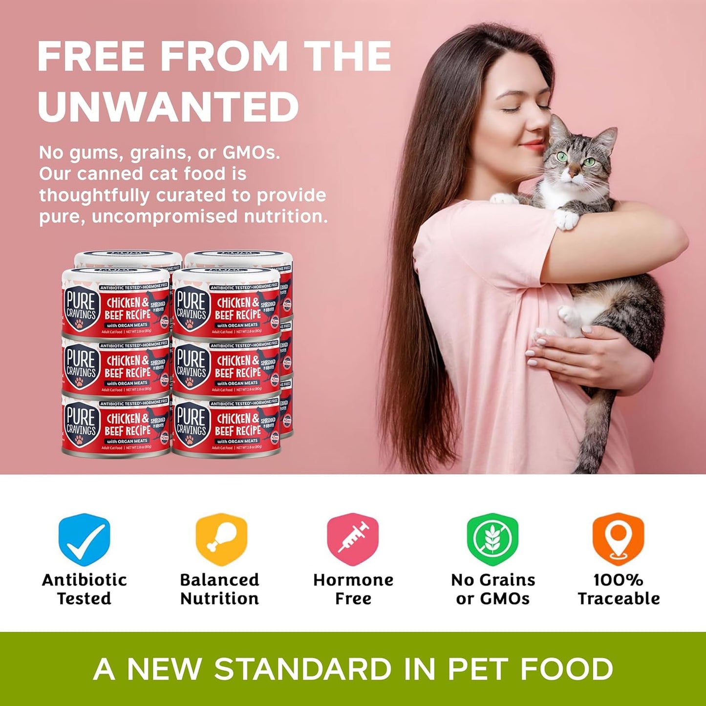 Chicken and Beef Recipe in Broth, Shredded Wet Cat Food, Grain-Free Protein, Non-GMO, 12 Pack