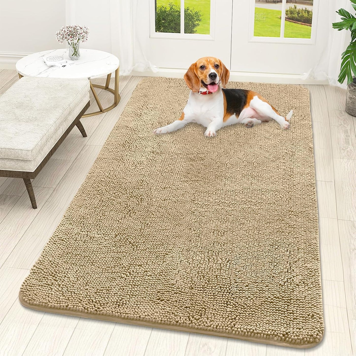 OLANLY Dog Door Mat for Muddy Paws 59x32, Absorbs Moisture and Dirt, Absorbent Non-Slip Washable Doormat, Quick Dry Chenille Mud Mat for Dogs, Entry Indoor Entryway Carpet for Inside Floor, Beige
