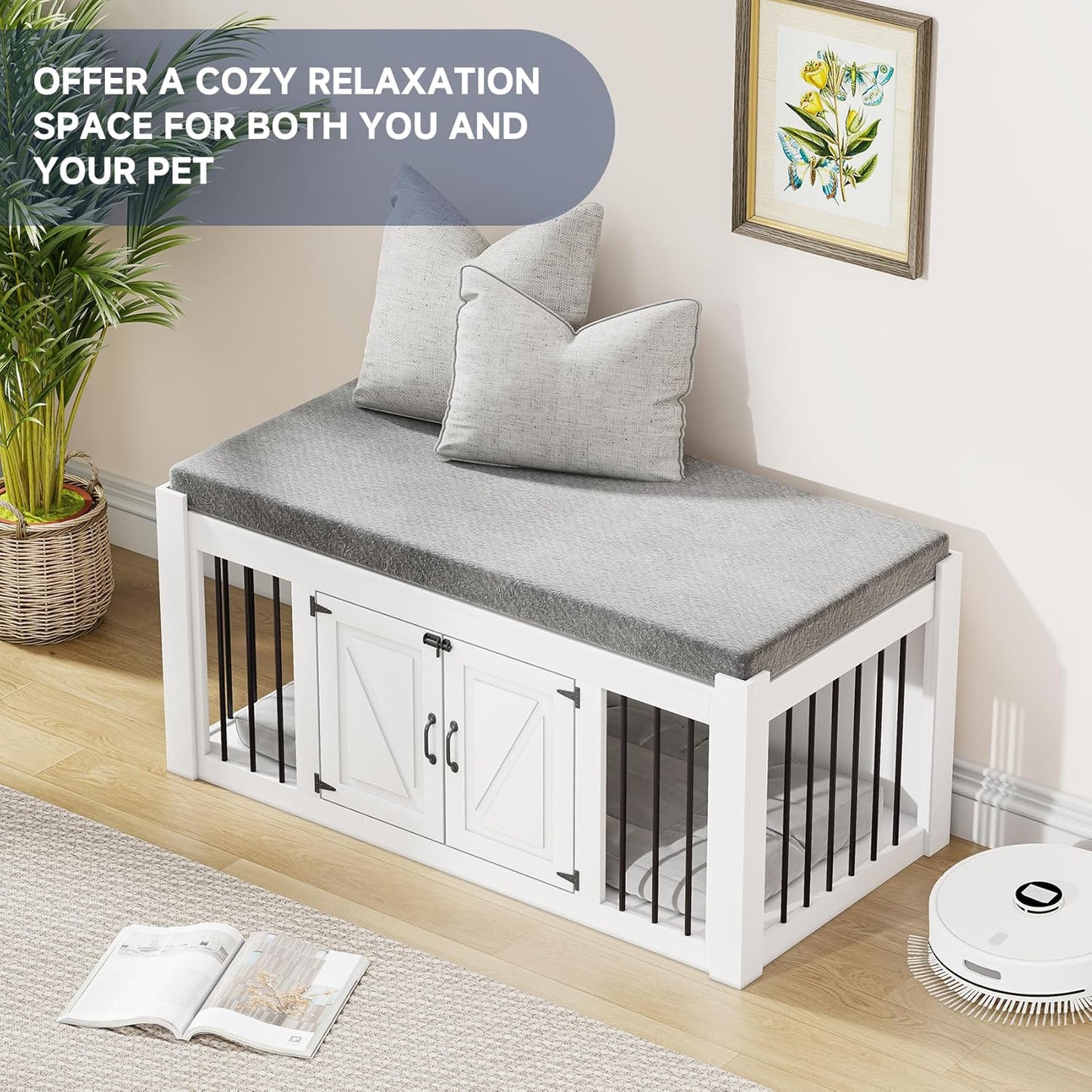 Dog Crate Furniture with Padded Seat, Luxury Wooden Dog Kennel, End of Bed Bench Ottoman with Removable Cushion for Bedroom, Living Roome, White