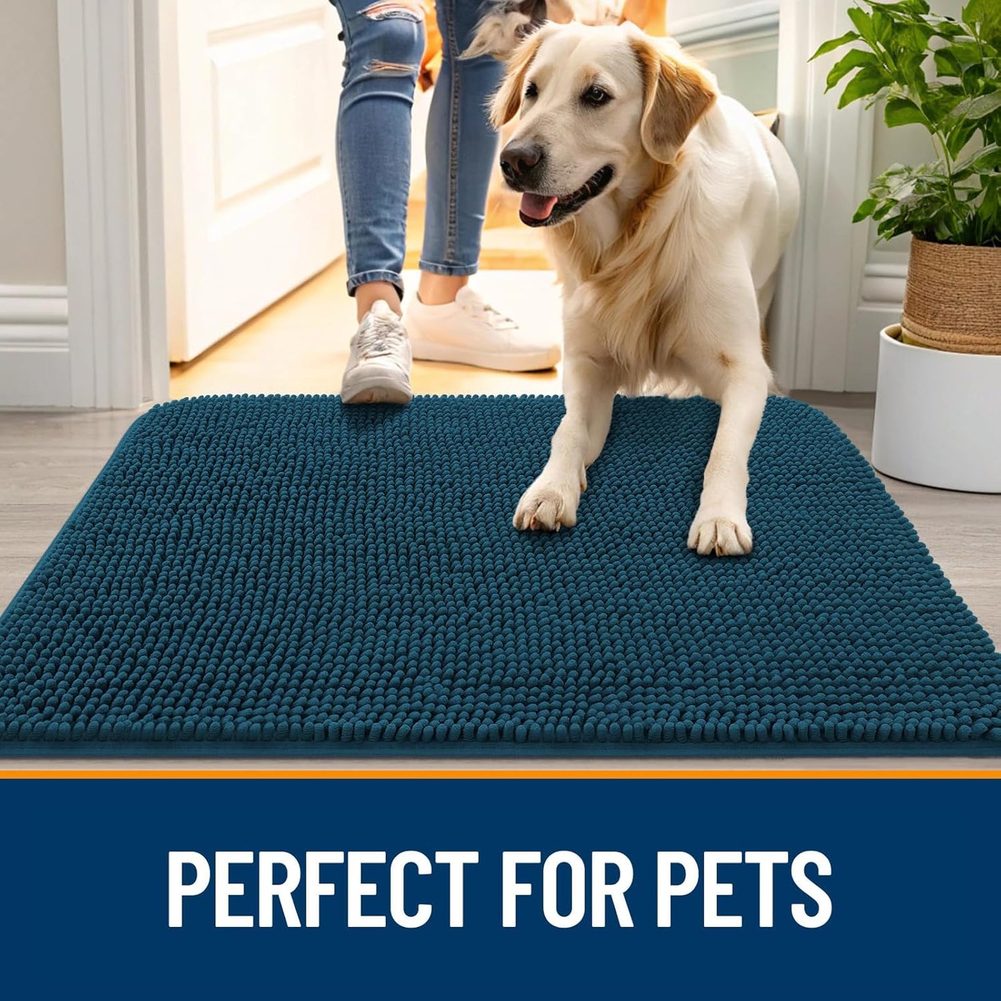 OLANLY Dog Door Mat for Muddy Paws 40x24, Absorbs Moisture and Dirt, Absorbent Non-Slip Washable Doormat, Quick Dry Chenille Mud Mat, Entry Indoor Entryway Carpet for Inside Floor, Atlantic Blue