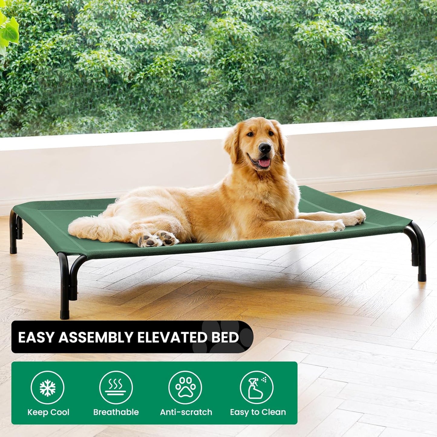 Elevated Dog Bed Raised Outdoor Dog Cot for Extra Large Dogs, Installation Requires No Tools, Frame with Washable Cooling Breathable Mesh Anti-Slip Feet, Indoor Pet Bed, Green, 48.8 Inches