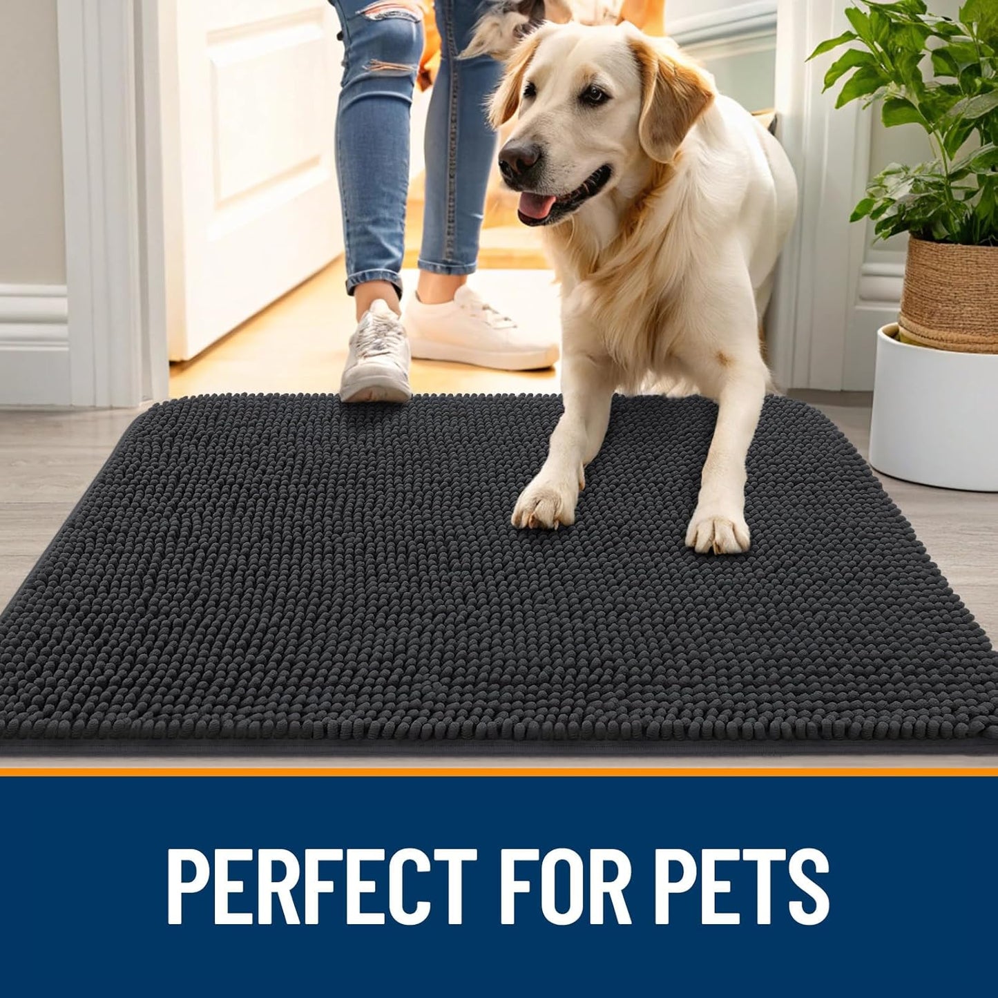 OLANLY Dog Door Mat for Muddy Paws 59x24, Absorbs Moisture and Dirt, Absorbent Non-Slip Washable Doormat, Quick Dry Chenille Mud Mat for Dogs, Entry Indoor Entryway Carpet for Inside Floor, Dark Grey