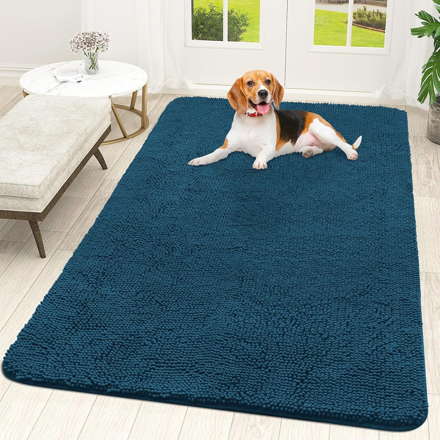 OLANLY Dog Door Mat for Muddy Paws 70x46, Absorbs Moisture and Dirt, Absorbent Non-Slip Washable Doormat, Quick Dry Chenille Mud Mat, Entry Indoor Entryway Carpet for Inside Floor, Atlantic Blue