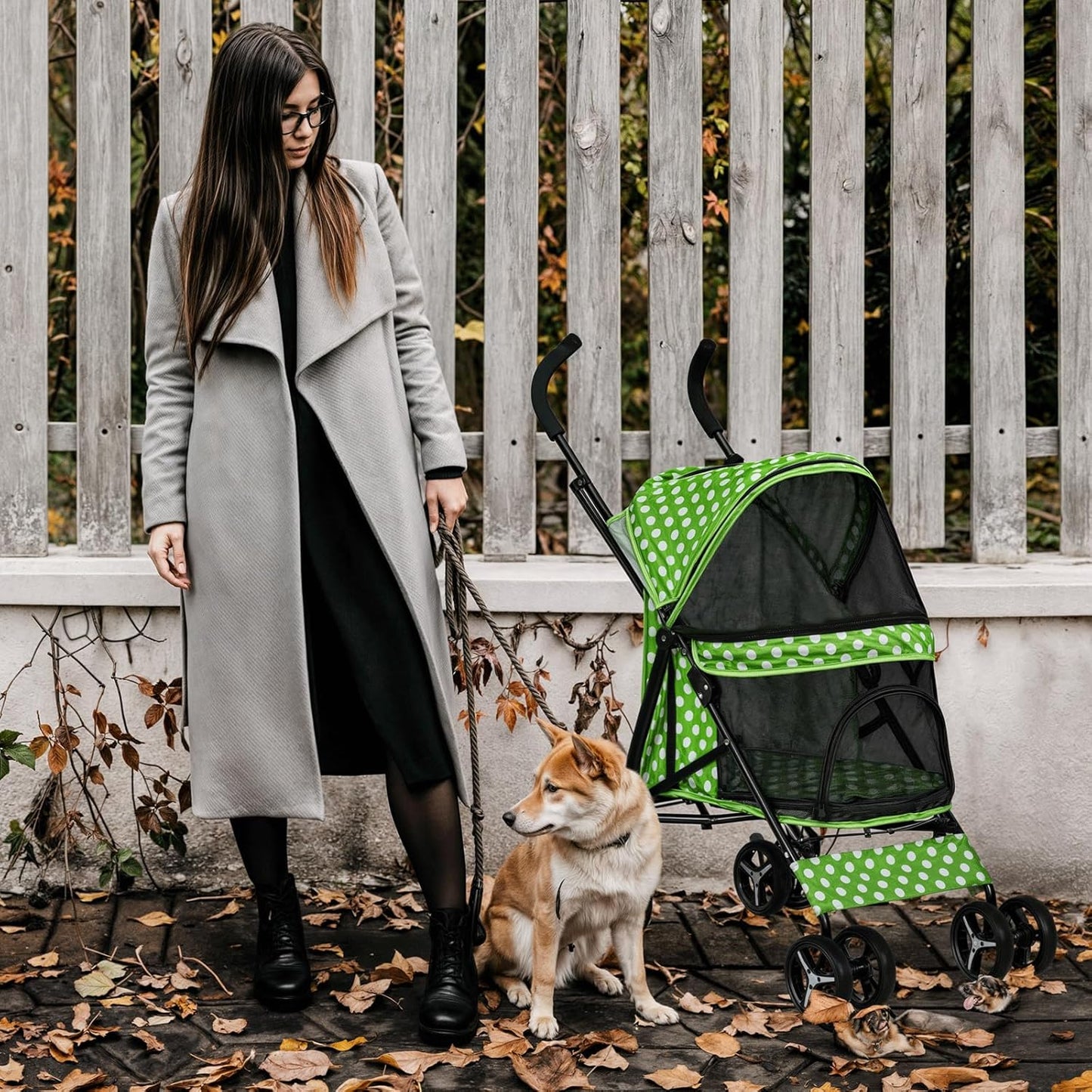 MoNiBloom 4 Wheels Pet Stroller, Easy-Fold Umbrella Shaped Dog Cat Jogger Stroller w/Storage Bag & Visible Mesh for Small/Medium Dogs Cats Lawn Green Polka Dots