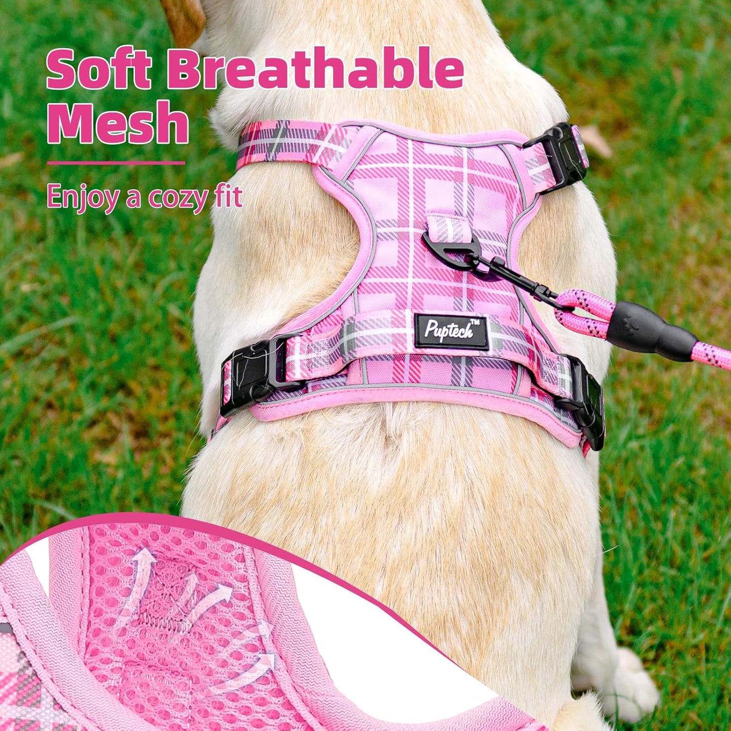 PUPTECK No Pull Dog Harness Medium Sized, Adjustable Reflective Dog Harness with Handle Easy Control, Comfortable Soft Padded Pet Vest Harness for Medium Dogs, Plaid Pink M