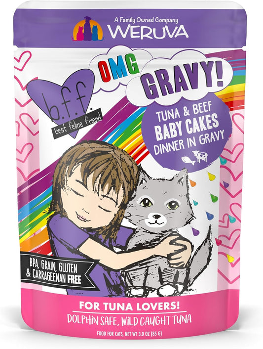Weruva B.F.OMG - Best Feline Friend Oh My Gravy!, Tuna & Beef Baby Cakes with Tuna & Beef in Gravy Cat Food, 3oz Pouch (Pack of 12), Purple (0152)
