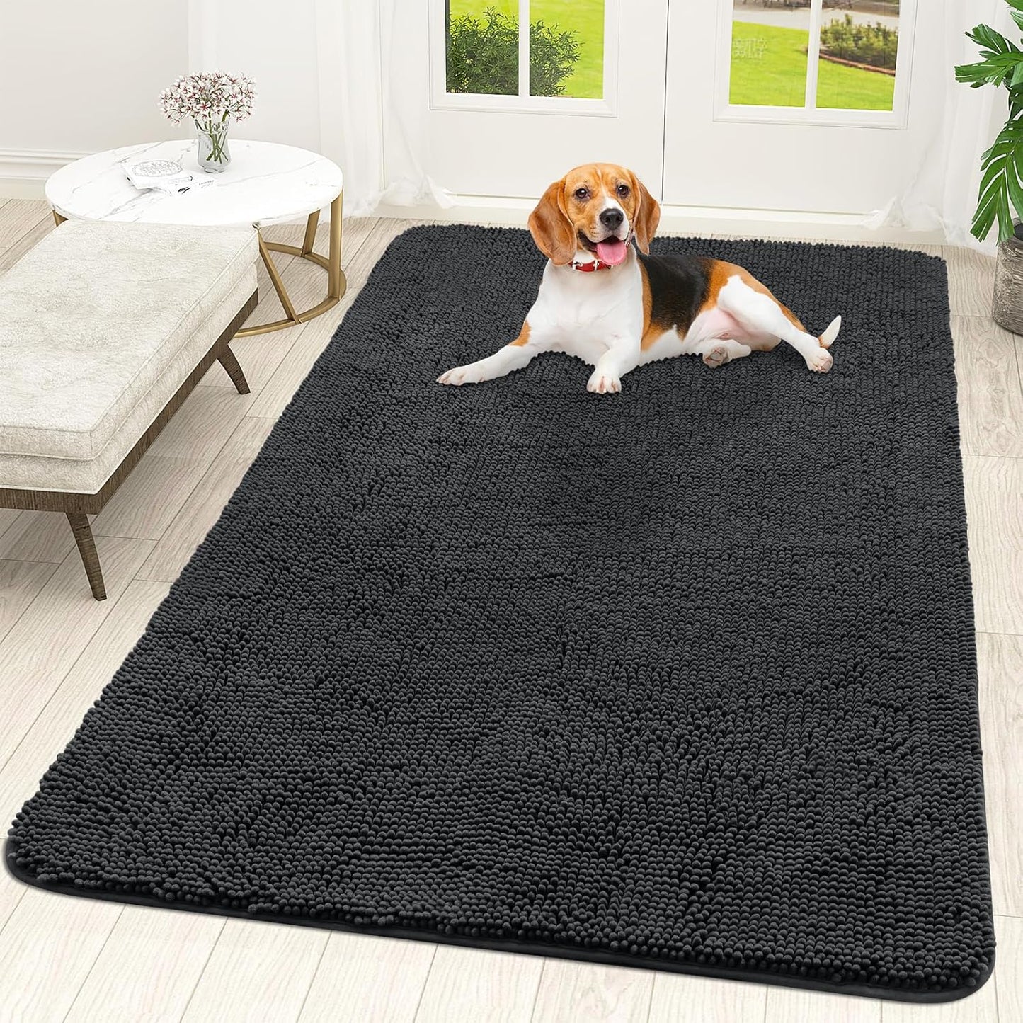OLANLY Dog Door Mat for Muddy Paws 59x35, Absorbs Moisture and Dirt, Absorbent Non-Slip Washable Doormat, Quick Dry Chenille Mud Mat for Dogs, Entry Indoor Entryway Carpet for Inside Floor, Dark Grey