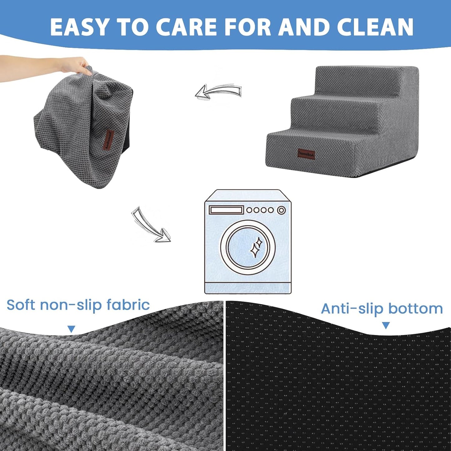 Dog Stairs for Small Dogs & Cats, 3-Step Non-Slip Pet Steps for Couch Sofa and Chair, Grey, 13.6" H