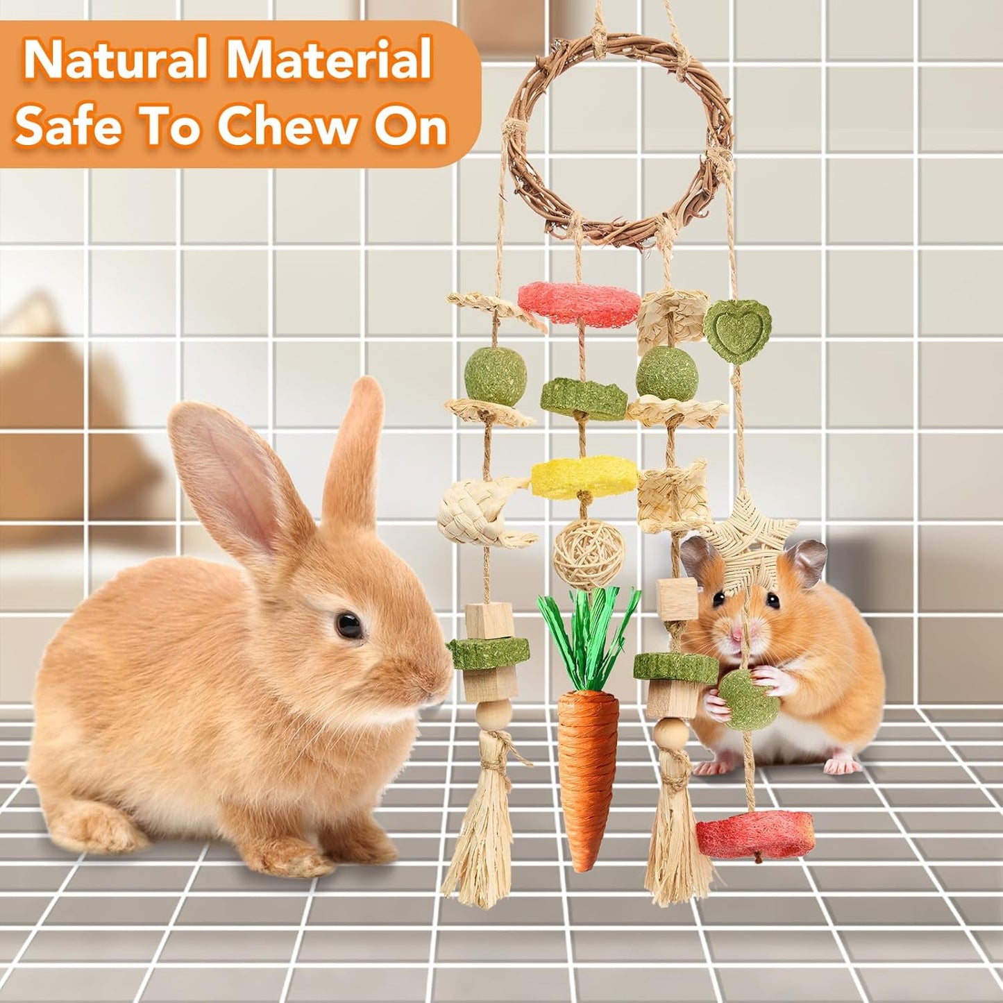 Rabbit Chew Toys Bunny Cage Hanging Toy and Treats Rattan Ring with Snacks for Rodent Pets Teeth Healthy