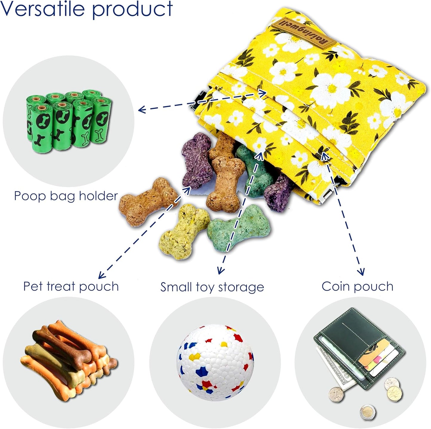 Dog Treat Pouch, Pocket Sized Pet Training Pouch, Cotton Fabric, Hand Free Yellow Flower Dog Walking Bag with Carabiner, Self-Closing Pet Feed Snack Reward, for Puppy Travel or Outdoor Use