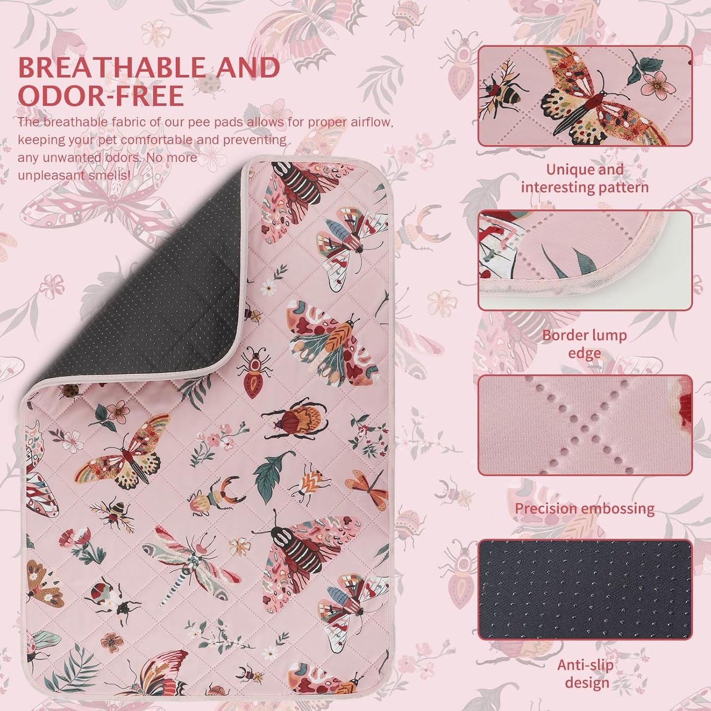 IEUUMLER Washable Pee Pads for Dogs, 2 Pack Insect Pattern Reusable Waterproof Puppy Potty Pads, Non-Slip Absorbent Pet Training Pads for Playpen Crate Bed EU014