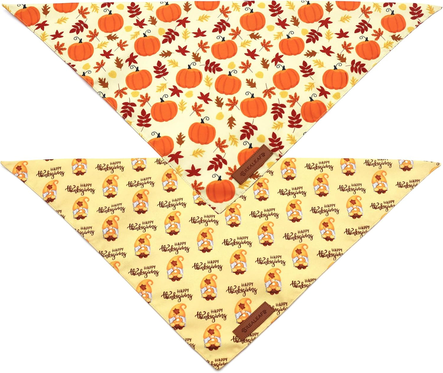 Realeaf Thanksgiving Dog Bandanas 2 Pack, Pumpkins and Happy Thanksgiving Pet Scarf for Boy and Girl, Premium Durable Fabric, Reversible Holiday Bandana for Large and X-Large Dogs Pets (X-Large)