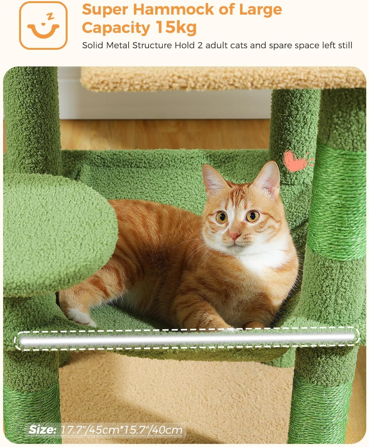 Cactus Cat Tree for Indoor Cats, 45.7" Multi-Level Cat Tower with Large Metal Frame Hammock, Cat Condo with 4 Scratching Posts and Top Perch, Green