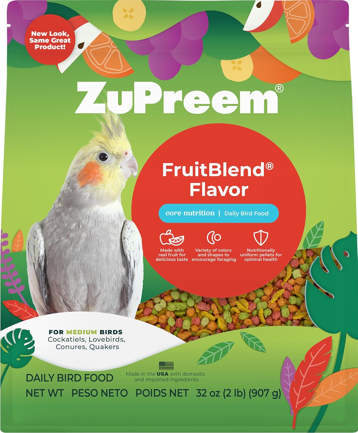 ZuPreem FruitBlend Bird Pellets, Daily Bird Food for Cockatiel, Lovebird, Quaker, Small Conure, Lorikeet, Core Nutrition for Medium Birds, Cockatiel Pellets, Conure Food (M, 2 lbs)