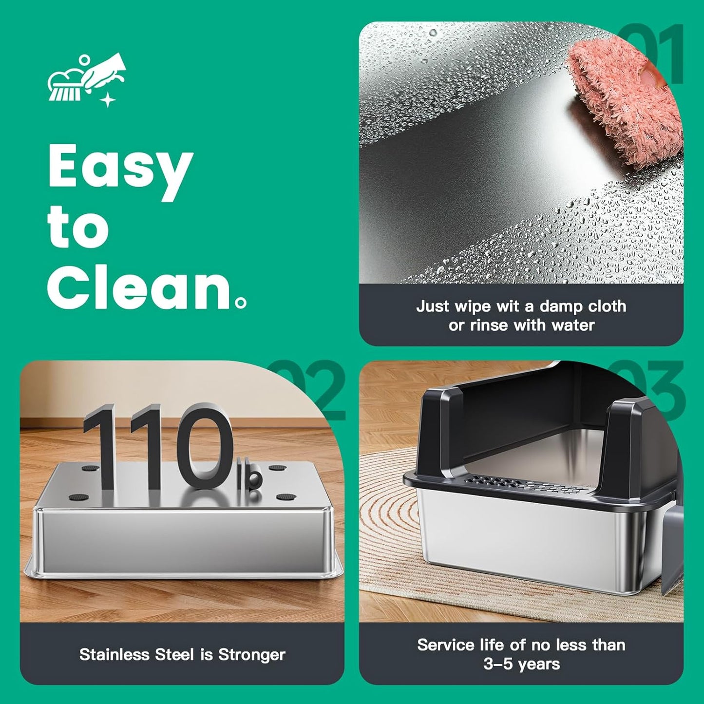 Tripamin XXL Stainless Steel Litter Box with High Sides 26"x18"x12" Extra Large Metal Litter Box for Big Cats & Multiple cat, Jumbo Top Entry Litter Pan with lid (Black, XX-Large)