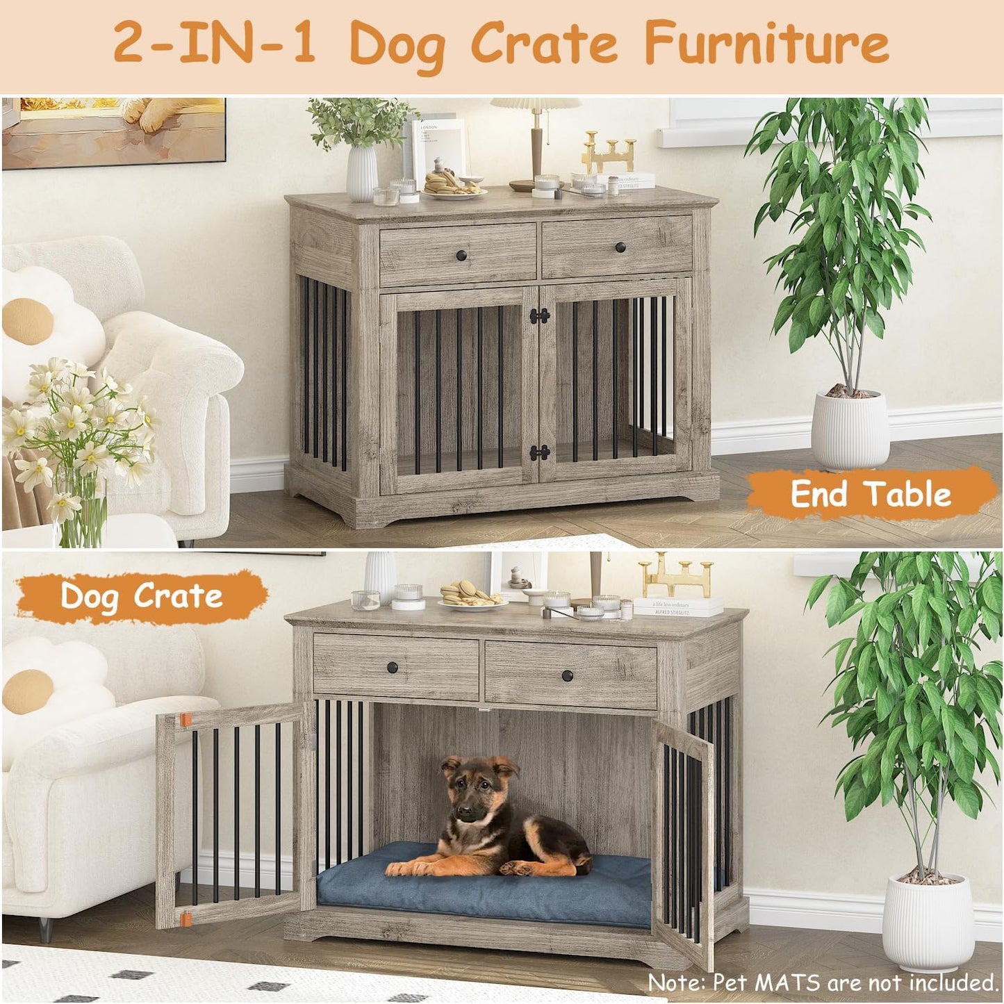 Dog Crate Furniture, 44 Inch Wooden Dog Kennel Indoor with 2 Storage Drawers, Heavy Duty Large Crate Furniture, Decorative End Table Cage Furniture for Small/Medium/Large (Grey)