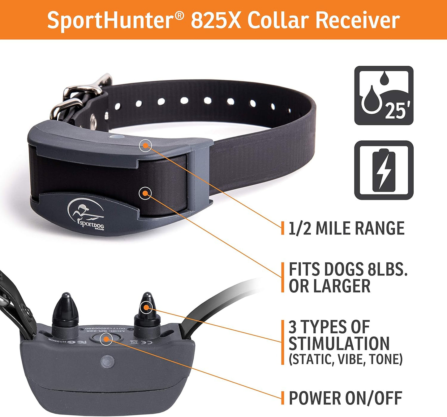 SportDOG Brand SportHunter 825X Dog Training Static Collar with Remote, 1/2 Mile Range Waterproof Dog E-Collar, Submersible up to 25 Ft, Rechargeable Training Device with Static, Vibrate and Tone