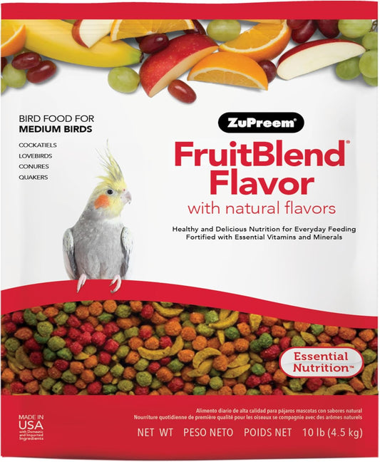 ZuPreem FruitBlend Bird Food, Bird Feed Pellets for Cockatiel, Lovebird, Quaker, Small Conure, Lorikeet, Core Nutrition with Natural Fruit, Cockatiel Food, Conure Feed, (Medium, 10 lb Bag)
