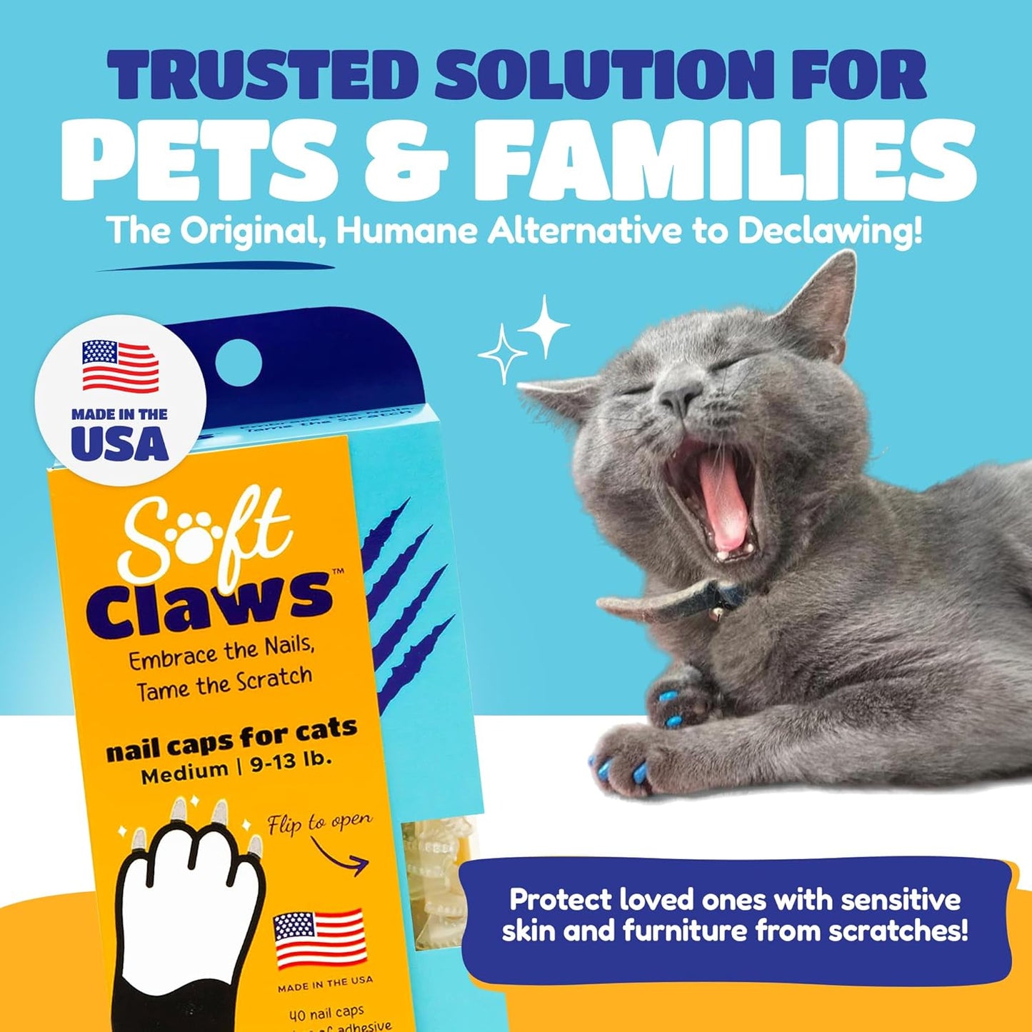 Soft Claws Cat Nail Caps for Medium Cats – (40 Caps, Clear) - Made in USA - Veterinarian-Developed | Protects Furniture & Skin - Easy to Apply, Long-Lasting Anti-Scratch Soft Cat Claw Covers