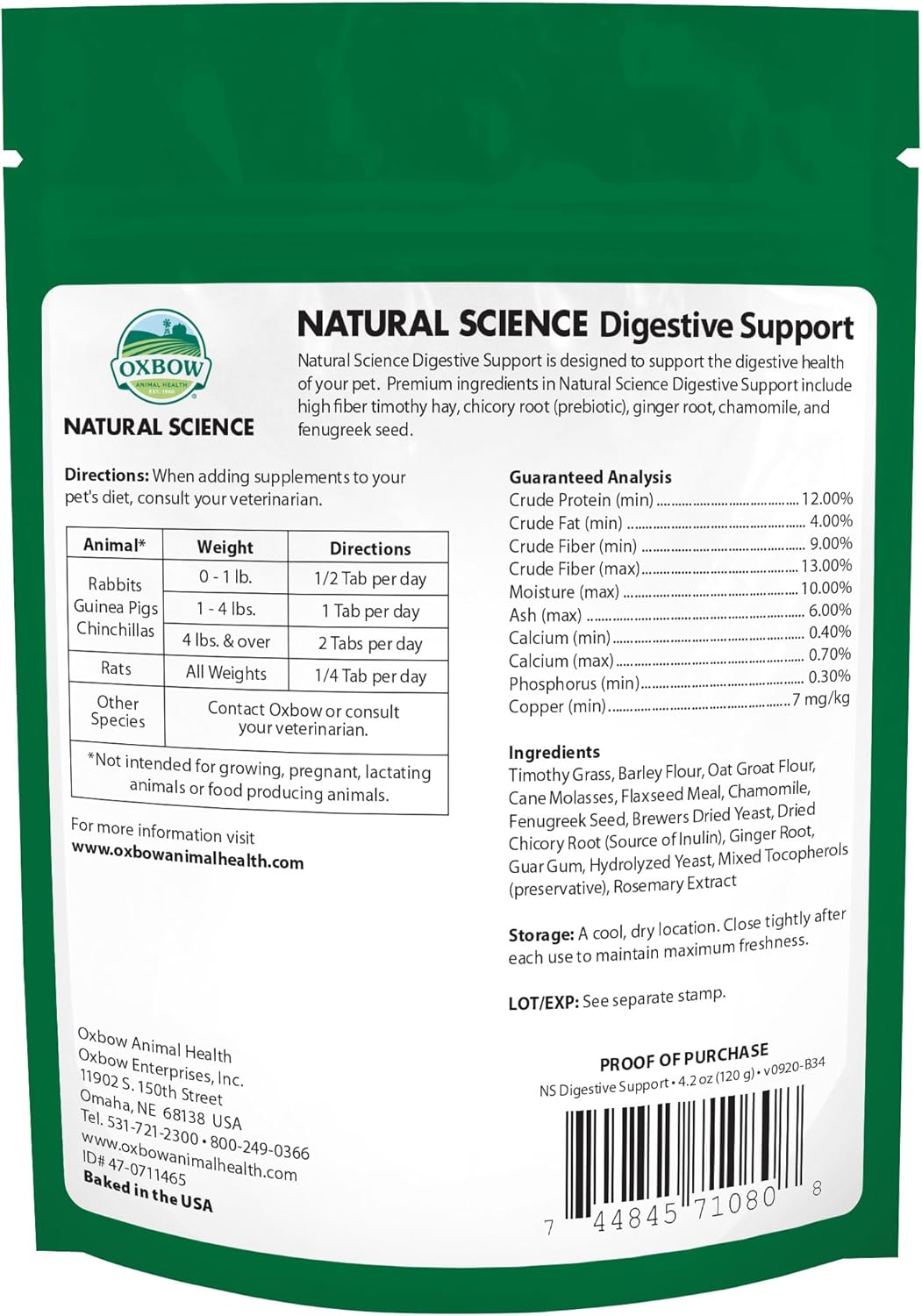 Oxbow Animal Health Natural Science Digestive Support, High Fiber Supplement for Rabbit & Guinea Pig, Made with Timothy Hay, Includes Chicory Root, Ginger Root, Chamomile, Made in USA, 4.2 oz Bag