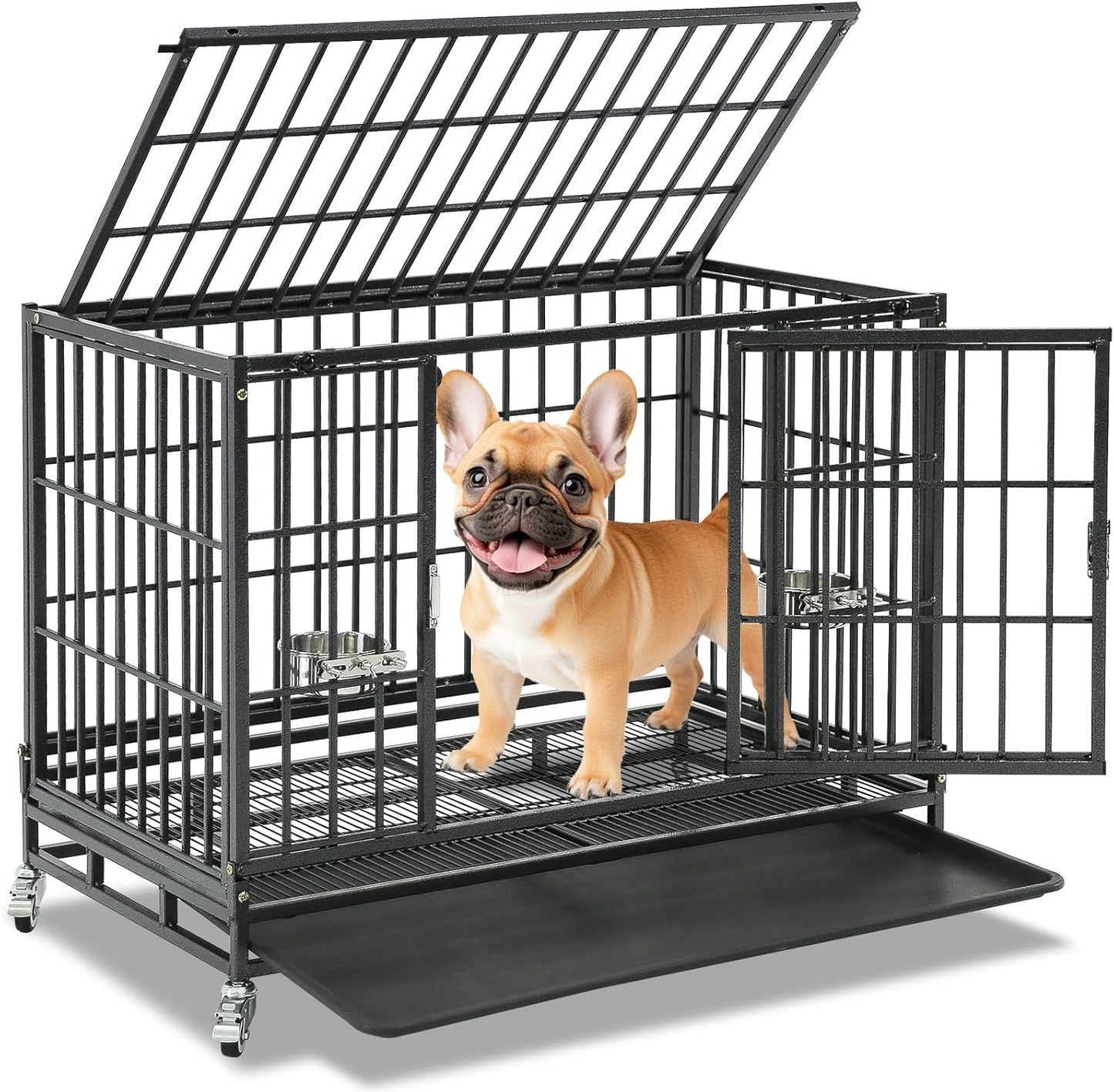 Homey Pet 37 inch Stackable Heavy Duty Dog Crate, Indestructible Escape Proof Dogs Cage Kennel with Lockable Wheels, Removable Tray & Metal Grid, Double Doors for High Anxiety Medium/Small Dogs