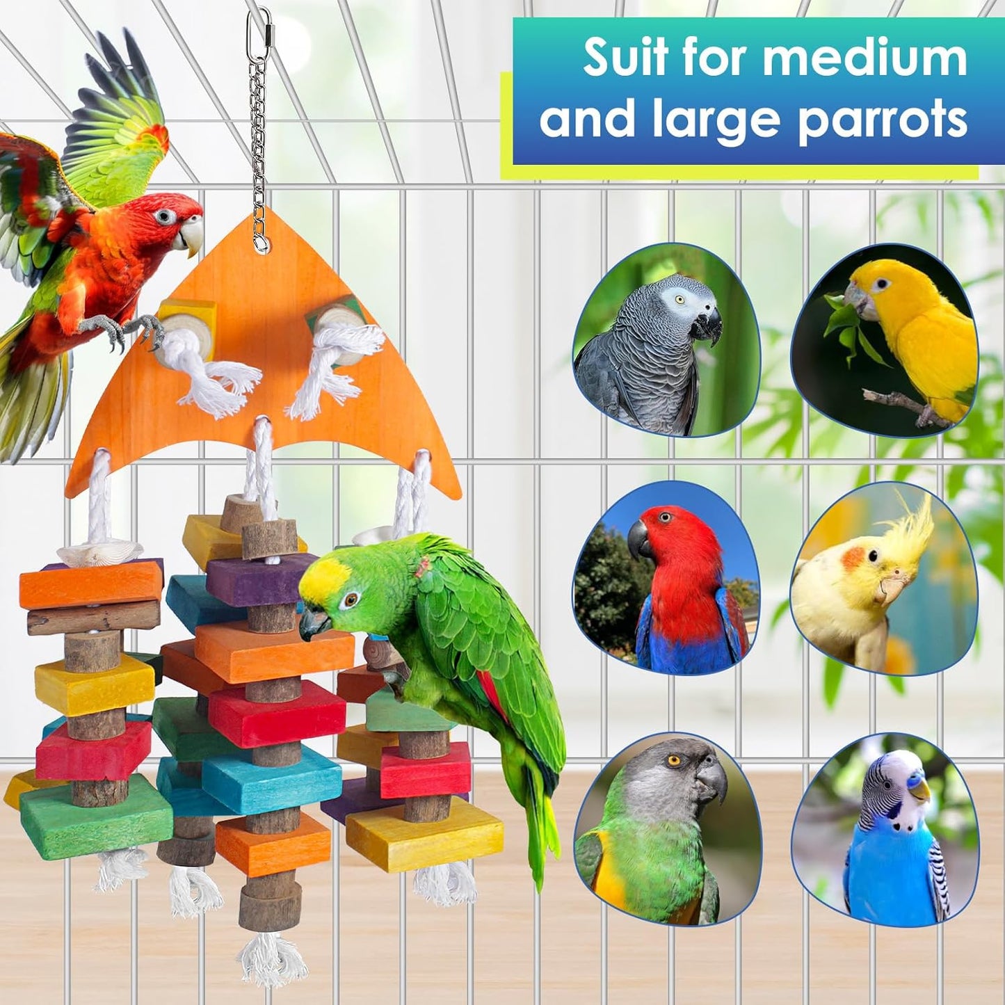 22.8" Natural Shell Parrot Toy for Medium & Large Birds (Sichuan Pepper Wood/Pine Wood/Poplar) with Stainless Steel Hook | Macaw Toys, African Grey Chew Toys