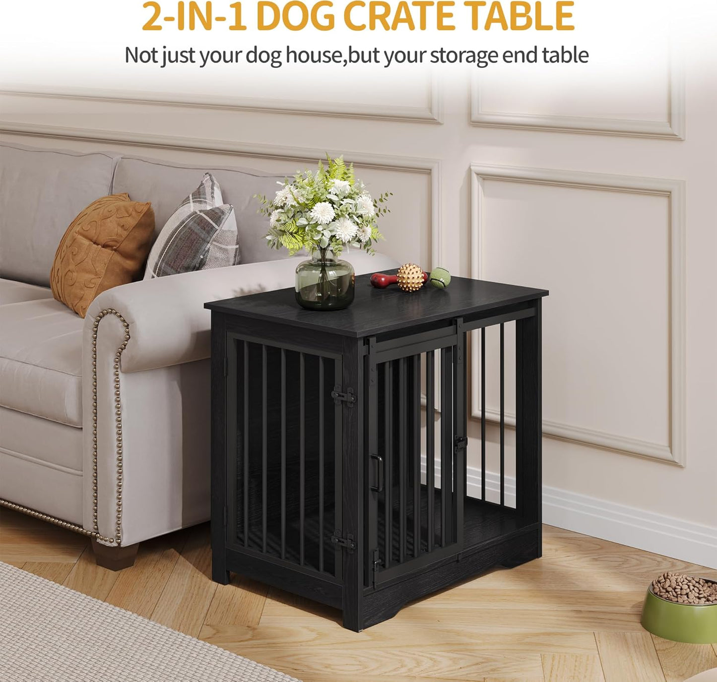 27.2" Dog Crate Furniture with Barn Door, Heavy Duty Dog Kennel Indoor with 2 Doors, Wooden Pet Cage End Table for Small Medium Dogs up to 22 lb, Anti-Chew Anti-Escape, Black DFC84304B