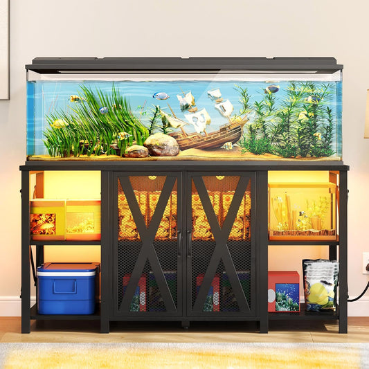 YITAHOME 90-120 Gallon Reptile Tank Stand with Power Outlet & LED Light, Heavy Duty Aquarium Stand w Accessories Storage Cabinet - Metal Fish Tank Stand for Turtle, Reptile, 2000LBS Capacity, Black