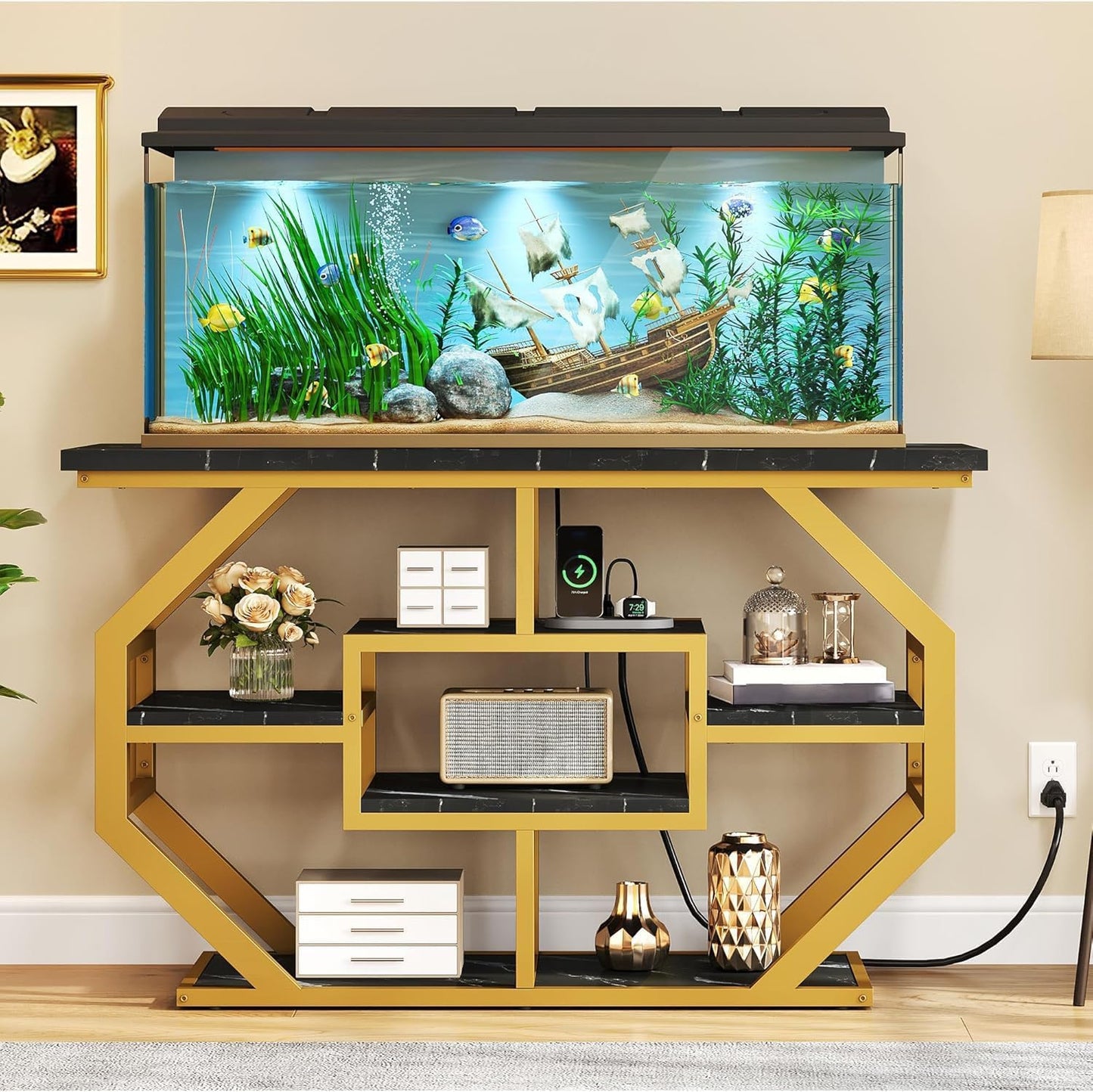 YITAHOME Heavy Duty 55-75 Gallon Fish Tank Stand with Power Outlet, Marble Aquarium Stand for Fish, Turtle, Reptile Terrarium, Shelves for Fish Tank Accessories Storage, 860LBS Capacity, Gold