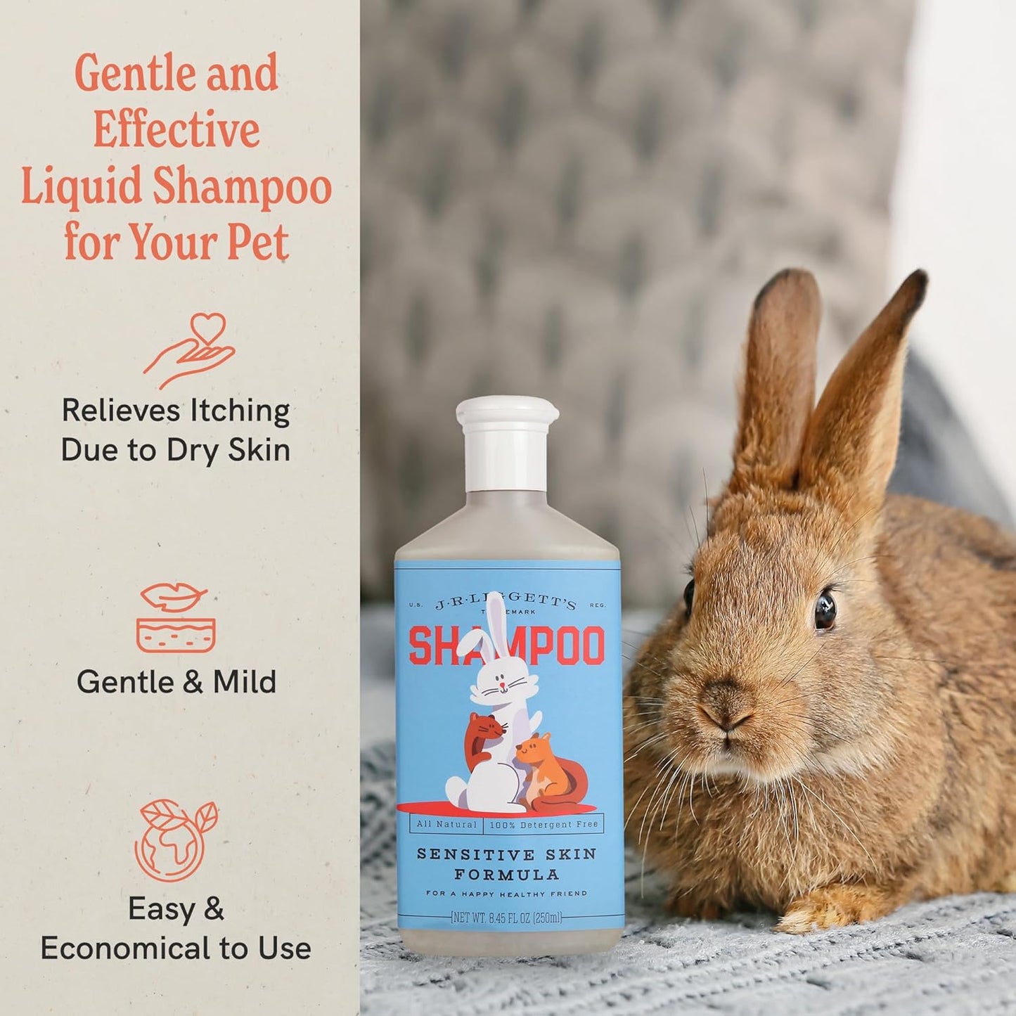 JR Liggett’s Natural Liquid Small Animal Shampoo for Sensitive Skin - 100% Detergent Free, Non-GMO & Biodegradable - Tear-Free, Hypoallergenic Formula Soothes Dry Itchy Skin - 8.45 fl oz