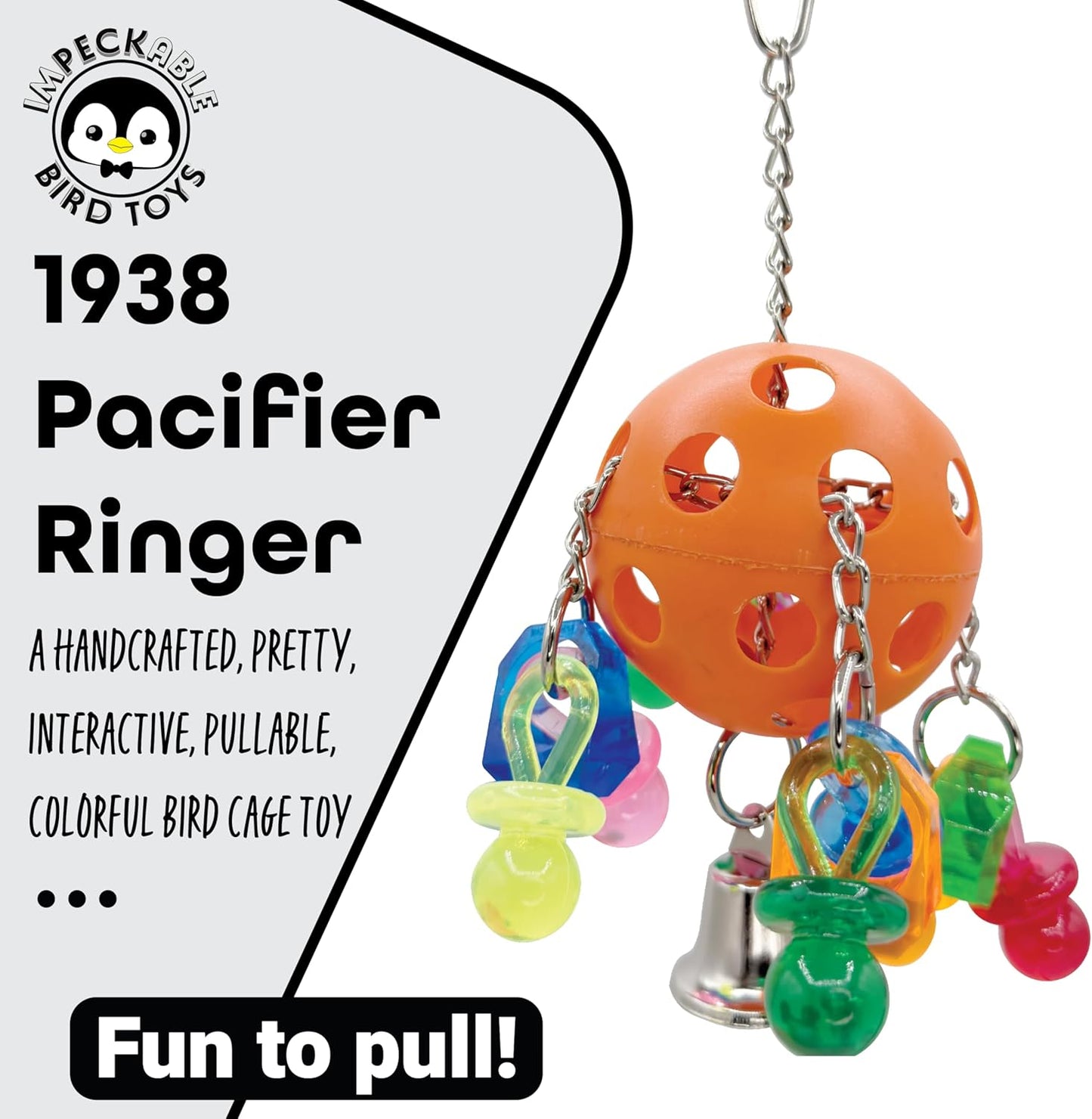 1938 Pacifier Ringer with Acrylic Ring, Pacifiers and Bell – Handcrafted by Impeckable Bird Toys – Great for Conures, African Greys, Amazons and Other Medium Birds