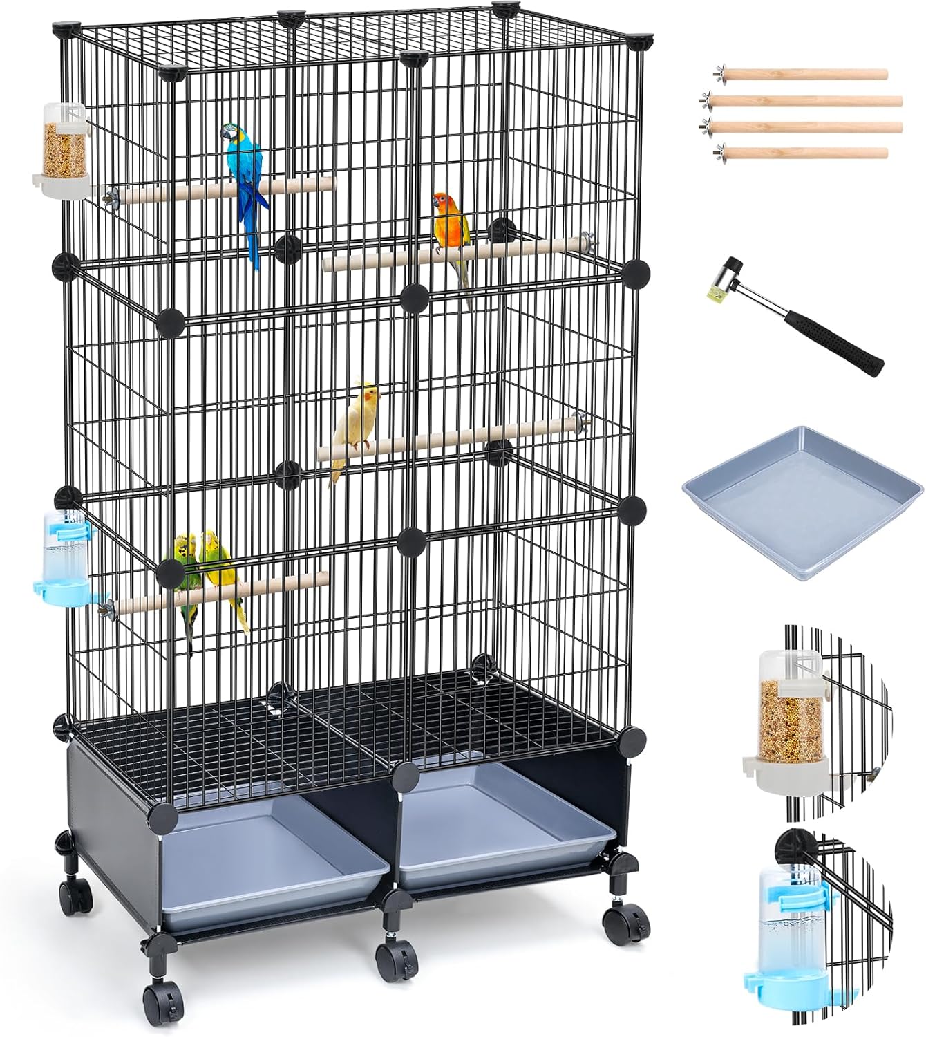 46-Inch Bird Cage, with Wooden Perches, Metal Parakeet Cage with Slide-Out Tray, Water Bottle & Feeder, Bird Cages for Parrot, Parakeets, Cockatiel, Lovebird, Pigeon and Small Mid-Sized Birds