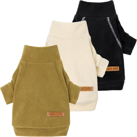 Fitwarm 3 Pack Classic Fleece Dog Sweater, Winter Clothes for Small Dogs Boy Girl, Turtleneck Dog Sweatshirt, Pet Pullover Jumper, Cat Apparel, Black, Olive Green, Cream, Large