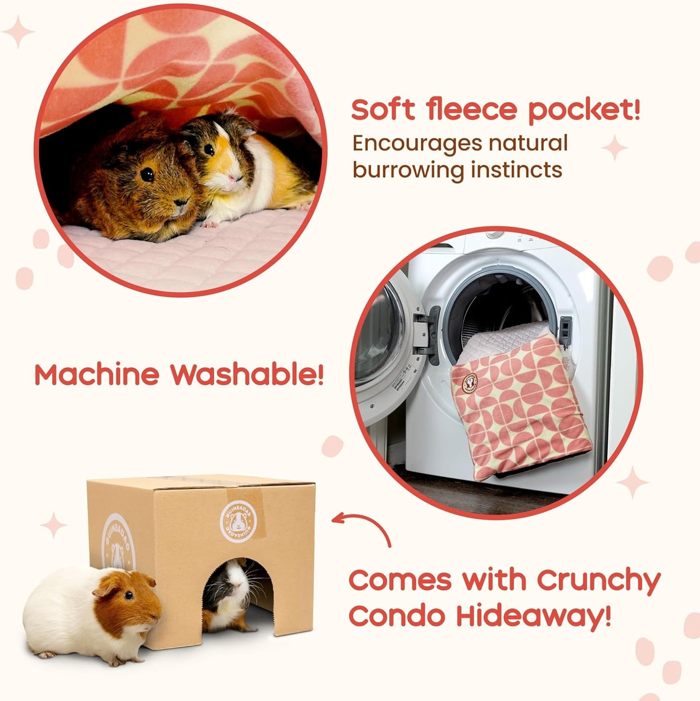 GuineaDad Premium Liner – Fleece Guinea Pig Cage Liner – Ultra-Plush Reusable Fleece Bedding with Waterproof Bottom – Extra Absorbent Liner for 2x2 C&C (Blush)