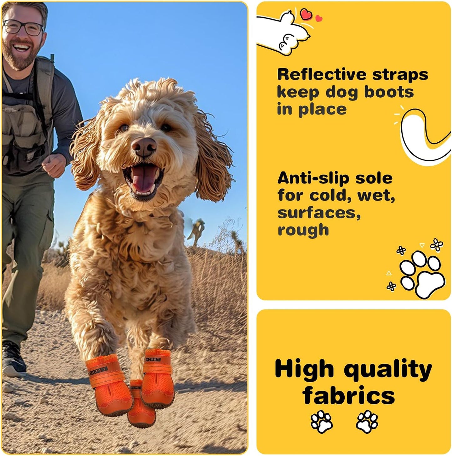 Hcpet Dog Shoes for Large Dogs, Breathable Dog Booties for Small Medium Dogs, Anti-Slip Dog Boots & Paw Protectors for Hot Pavement Winter Snow Hiking with Reflective Straps Orange Size 5