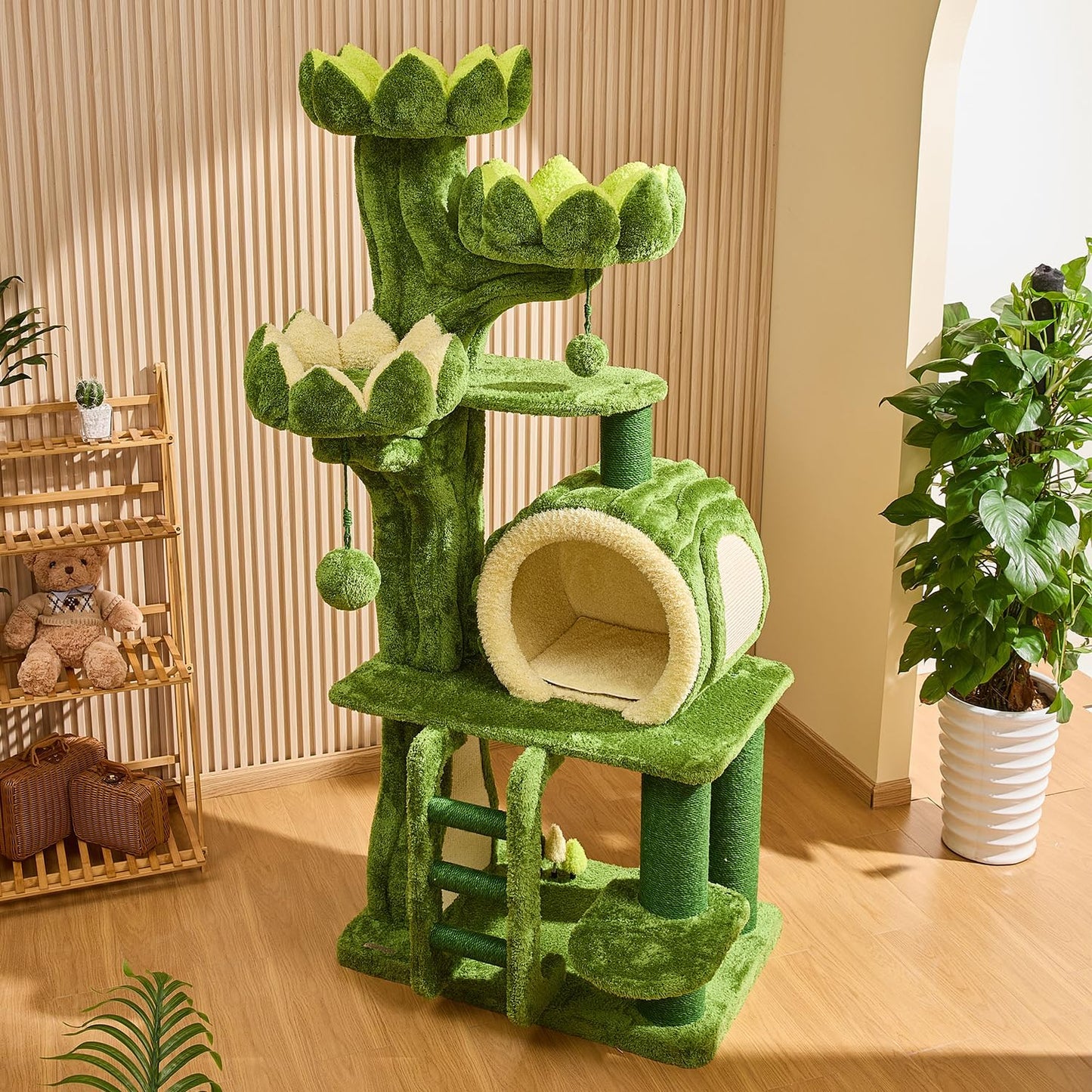 80.35'' Luxury Cat Tree for Indoor Cats, All-in-One Tall Flower Tower with Scratching Post, Multi-Level Heavy Duty Cat Tree for Indoor Cats, Solid Wood Cat Condo for Multi-Cat Families